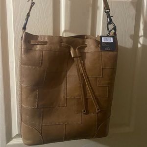 FRYE MELISSA BEIGE LEATHER PATCHWORK DRAWSTRING HOBO BAG  NWT